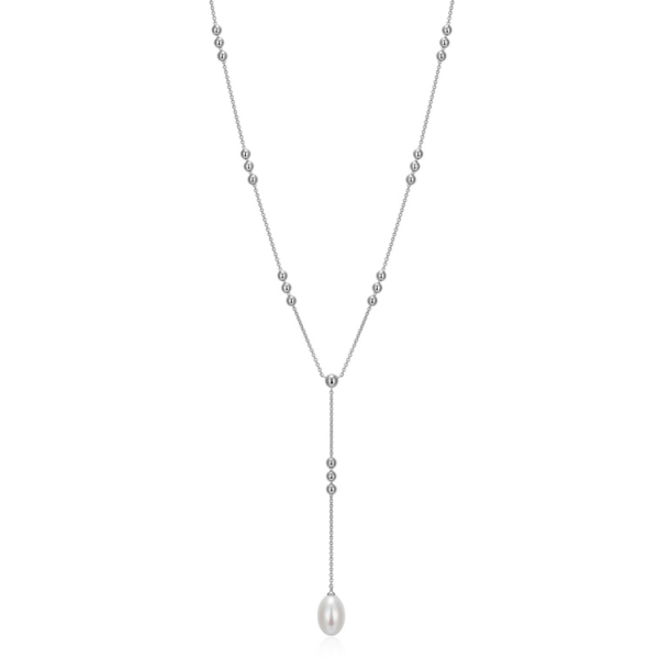 ELLE Genesis White Pearl Beaded Chain Y Station Necklace - Silver