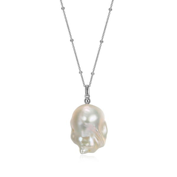 ELLE Genesis Baroque White Pearl Beaded Chain Long Necklace - Silver