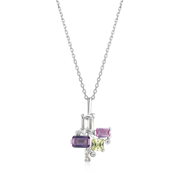 ELLE Puzzle Multi-Color Created Sapphire Pendant Necklace - Silver