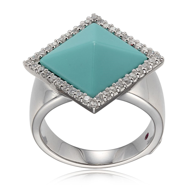 ELLE Sterling Silver NEFER Synthetic Turquoise and Cubic Zirconia Pyramid Ring Size 6 - Silver