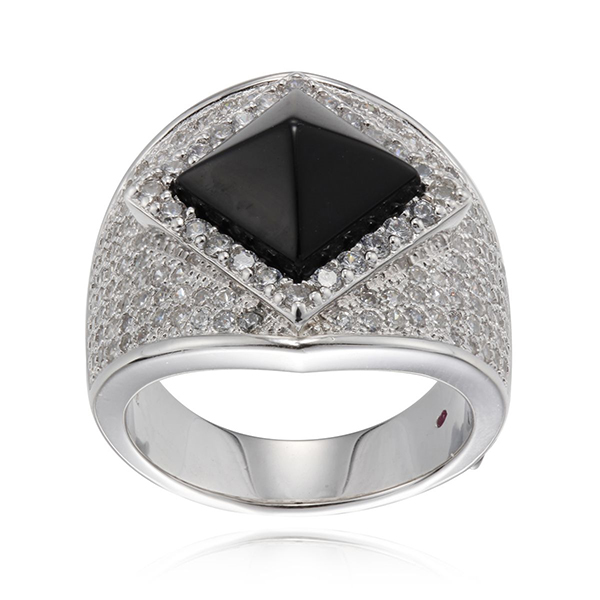 ELLE Sterling Silver NEFER Black Agate and Cubic Zirconia Ring Size 8 - Silver