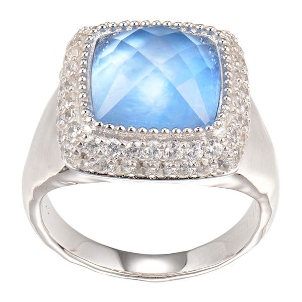 ELLE Sterling Silver Dyed Blue Mother of Pearl Crystal Doublet with Cubic Zirconia Ring Size 7 -Silver