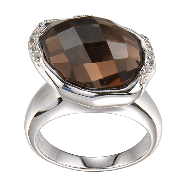 ELLE Sterling Silver Smoky Quartz and White Corundum Ring Size 6 - Silver