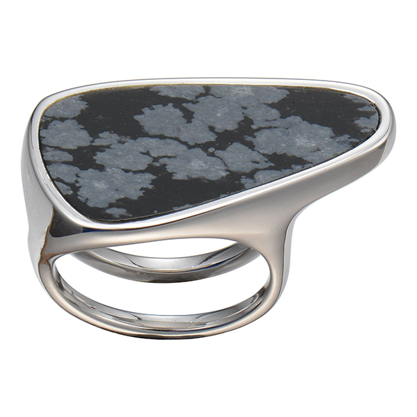ELLE Sterling Silver Genuine Snowflake Obsidian Ring Size 6 - Silver
