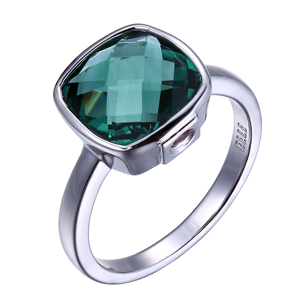 ELLE Sterling Silver MYSTIC Simulated Green Quartz Cushion Ring Size 7 - Silver