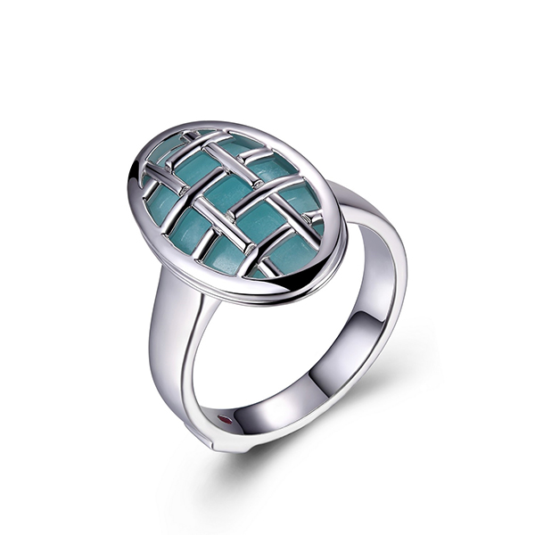 ELLE Sterling Silver SECRET GARDEN Genuine Green Quartz and Basket Weave Oval Ring Size 6 - Silver
