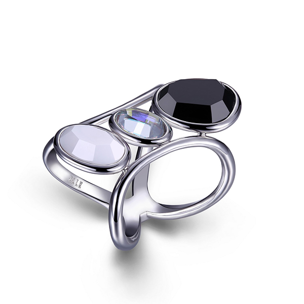 ELLE Sterling Silver SUGAR MELON Black and White Agate and Crystal Ring Size 6 - Silver
