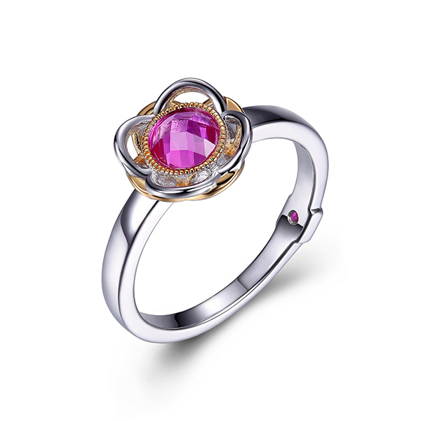 ELLE Sterling Silver Simulated Pink Corundum Flower Two Tone Ring Size 9