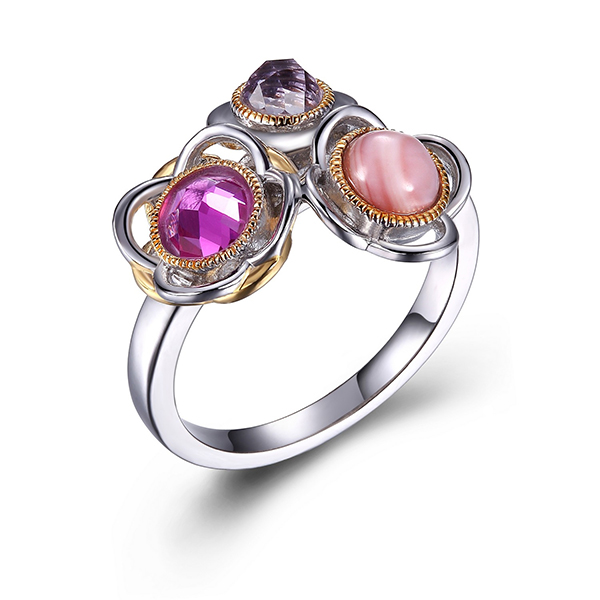 ELLE Sterling Silver Pink Mother of Pearl Simulated Corundum and Amethyst Bouquet Two Tone Ring Size 6