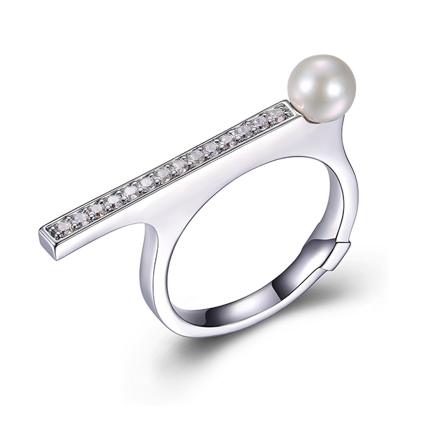 ELLE Sterling Silver MAJESTIC Genuine White Pearl Cubic Zirconia Long Bar Ring Size 7 - Silver