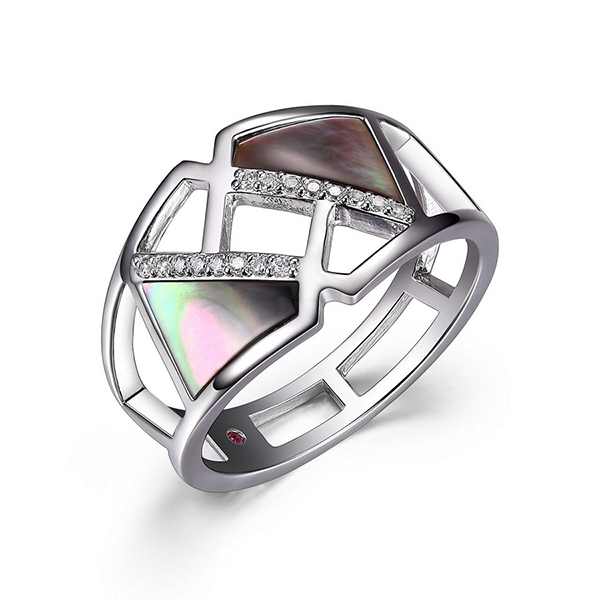ELLE Sterling Silver Geometric Mother of Pearl and Cubic Zirconia Ring Size 7 - Silver