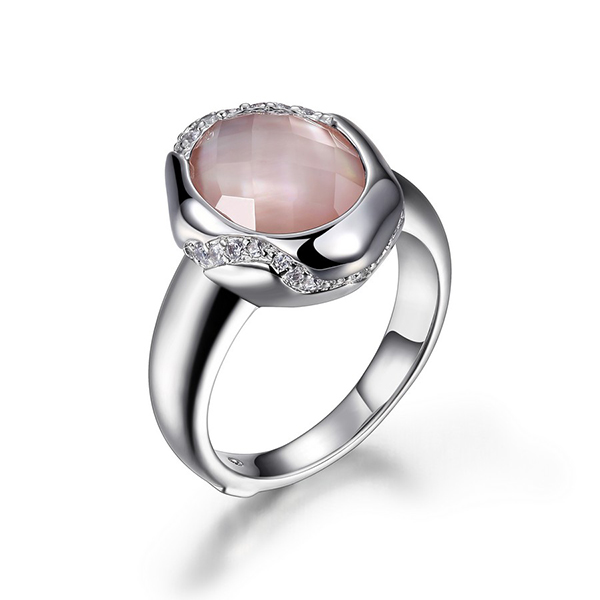 ELLE Sterling Silver Pink Mother of Pearl with Crystal Overlay Ring Size 6 - Silver