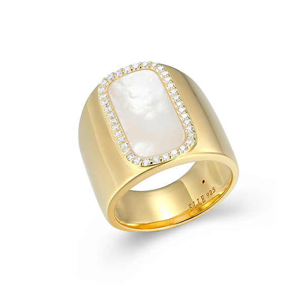 ELLE Sterling Silver ALLURE Mother of Pearl Cubic Zirconia Halo Wide Ring Size 8- Gold