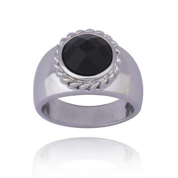 ELLE Sterling Silver Black Agate Round Ring Size 7 - Silver
