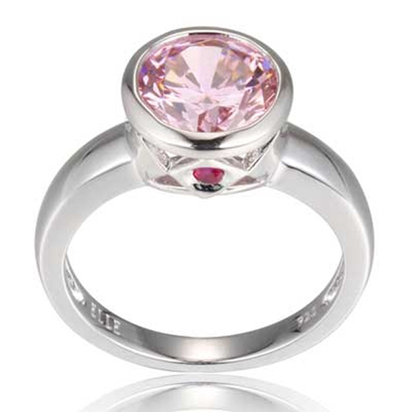 ELLE Sterling Silver Pink Cubic Zirconia Bezel Set Ring Size 7 - Silver