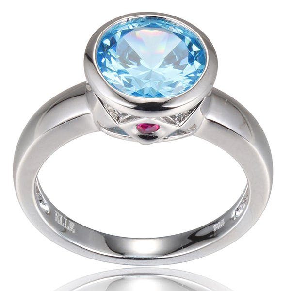 ELLE Sterling Silver Blue Topaz Cubic Zirconia Bezel Set Ring Size 6 - Silver