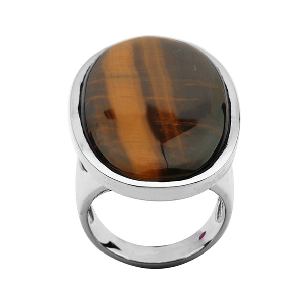 ELLE Sterling Silver Genuine Tiger Eye Wide Ring Size 6 - Silver