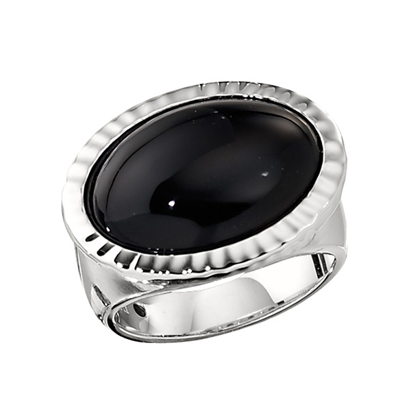 ELLE Sterling Silver Black Agate Oval Ring Size 6 - Silver