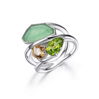 ELLE Sterling Silver Genuine Dyed Green Quartzite Citrine and Lemon Quartz Ring Size 6 - Silver