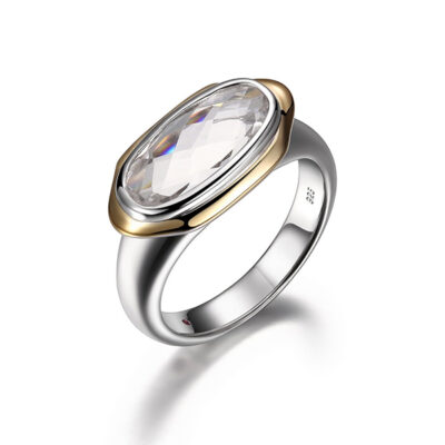 ELLE Sterling Silver Genuine Oval White Quartz Two Tone Ring Size 7