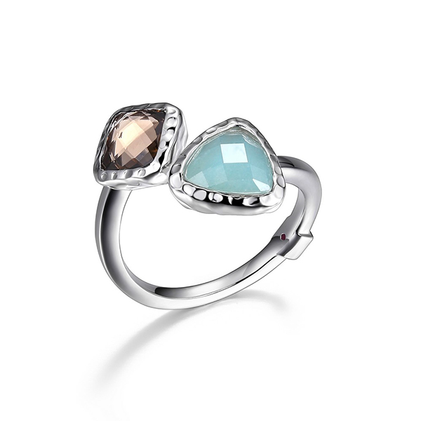 ELLE Sterling Silver Genuine Smoky Quartz and Green Amazonite Bypass Ring Size 6 - Silver