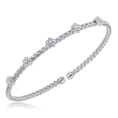 Charles Garnier Sterling Silver FIORI 3mm Woven Cubic Zirconia Flowe Station Cuff - Silver