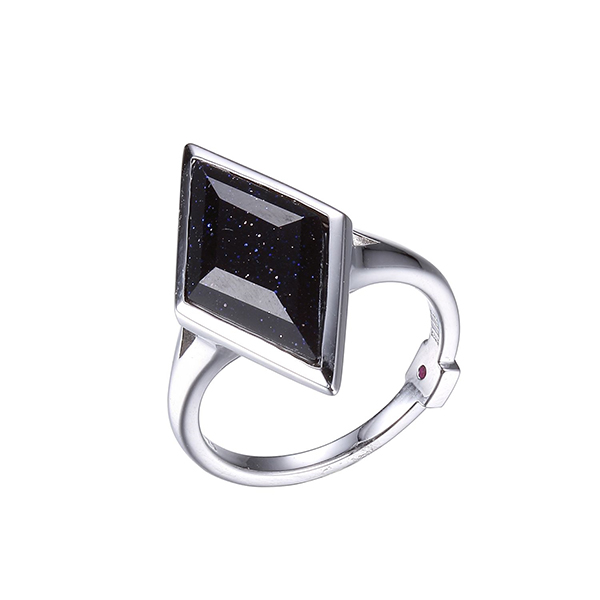 ELLE Sterling Silver Diamond Shape Blue Gold Stone Ring Size 6 - Silver