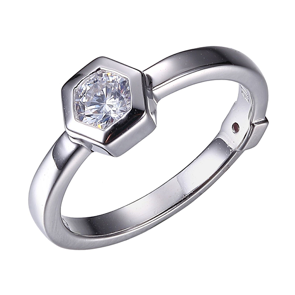 ELLE Sterling Silver Hexagon Cubic Zirconia Solitaire Ring Size 7 - Silver