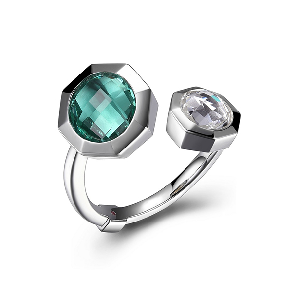 ELLE Sterling Silver Genuine Clear Quartz and Created Green Quartz Bypass Ring Size 6 -Silver