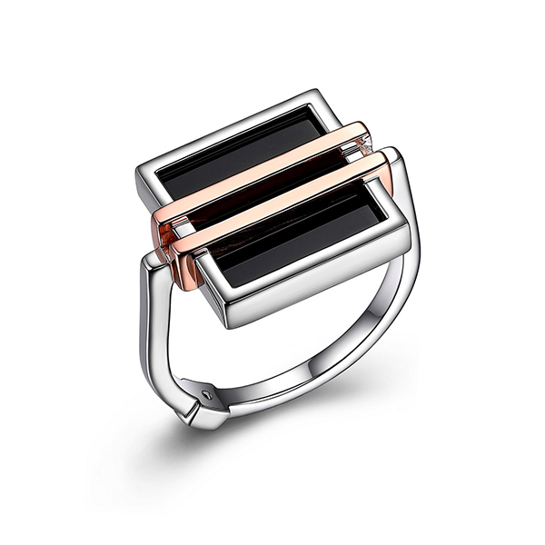 ELLE Sterling Silver Midnight Genuine Black Agate Square Two Tone Ring Size 6