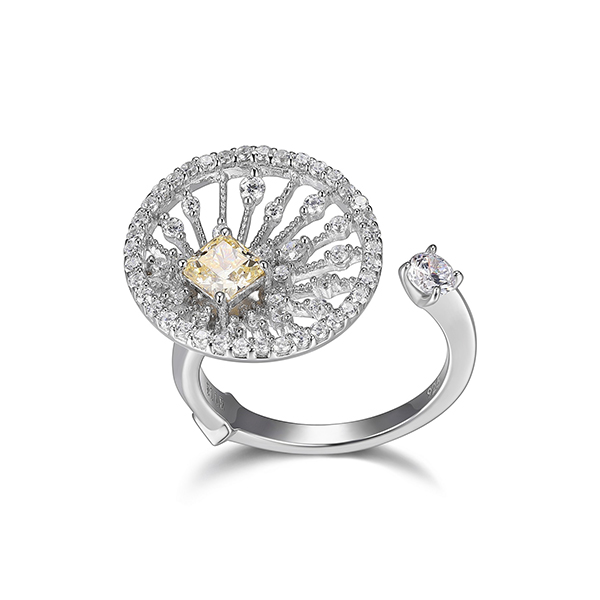 ELLE Sterling Silver STARBURST Clear and Yellow Cubic Zirconia Wide Ring Size 6 - Silver