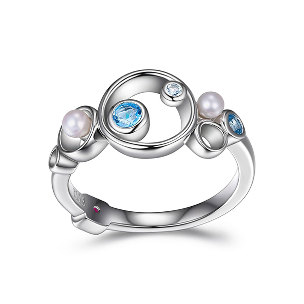 ELLE Sterling Silver Genuine Blue Topaz and Pearl Circle Ring Size 7 - Silver