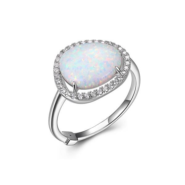 ELLE Sterling Silver HALO Synthetic Opal and Cubic Zirconia Ring Size 7 - Silver