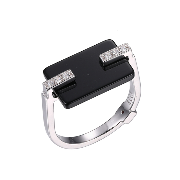 ELLE Sterling Silver MIDNIGHT Black Agate and Cubic Zirconia Ring Size 7 - Silver