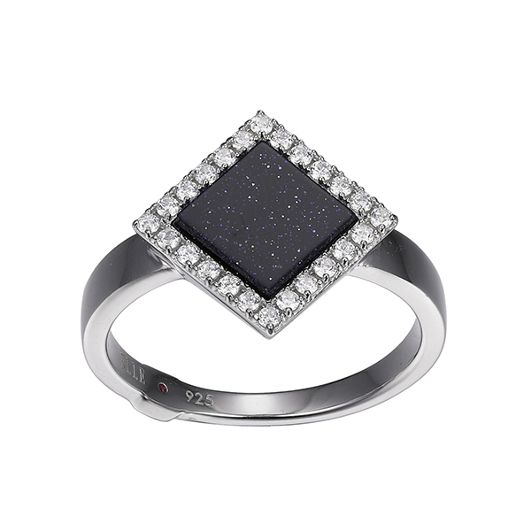 ELLE Sterling Silver NEFER Diamond Shaped Blue Gold Stone with Cubic Zirconia Ring Size 6 - Silver