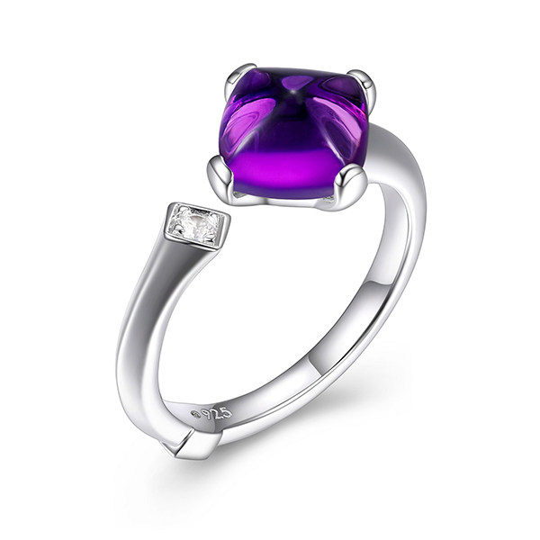 ELLE Sterling Silver  Marble Cushion Cut Synthetic Amethyst Crystal and Cubic Zirconia Open Ring Size 6 - Silver