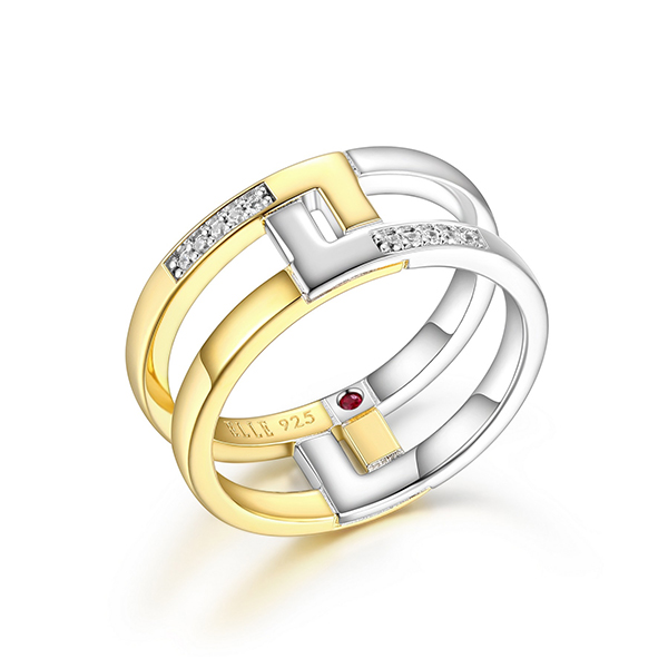 ELLE Sterling Silver HORIZON Interlocking Filigree with Cubic Zirconia Two Tone Ring Size 6