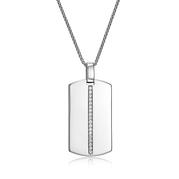 Sterling silver CJ Ethos ID rhodium plated high polish dog tag & created white sapphire necklace