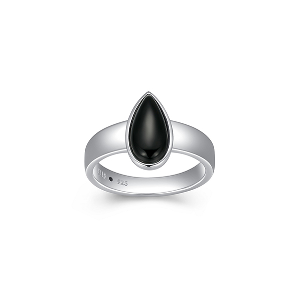 ELLE Sterling Silver ETHEREAL DROPS Pear Shape Black Agate Ring Size 6 - Silver