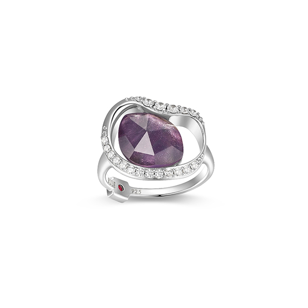 ELLE Sterling Silver TREASURE White Crystal and Amethyst CZ Oval Statement Ring Size 6 - Silver