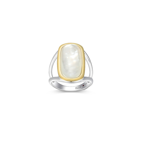 ELLE Sterling Silver ALLURE Emerald Cushion Shape Mother of Pearl Two Tone Statement Ring Size 6
