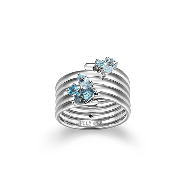 ELLE Sterling Silver GODDESS Multi-shape London and Sky Blue Topaz Wide Ring Size 7 - Silver