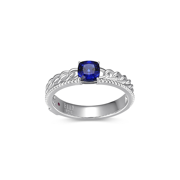 ELLE Sterling Silver WEAVE 5mm Cushion Cut Created Blue Sapphire Ring Size 6 - Silver