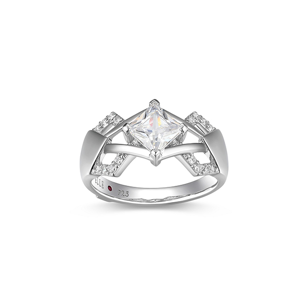 ELLE Sterling Silver ART DECO 5mm Princess Cubic Zirconia Geometric Ring Size 6 - Silver
