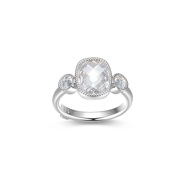 ELLE Sterling Silver ESSENCE Emerald Cushion Cut Three Stone RIng Size 6 - Silver