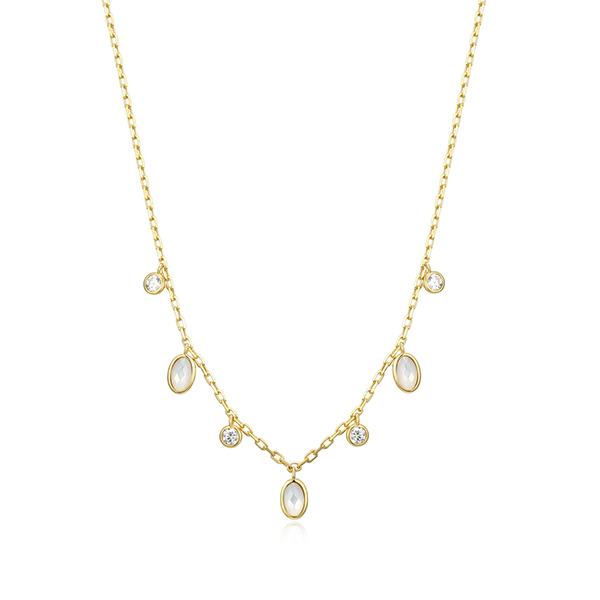 Elle Sterling Silver Oval Mother of Pearl and Diamondlite Cubic Zirconia Multidrop Necklace Size 16 - Gold