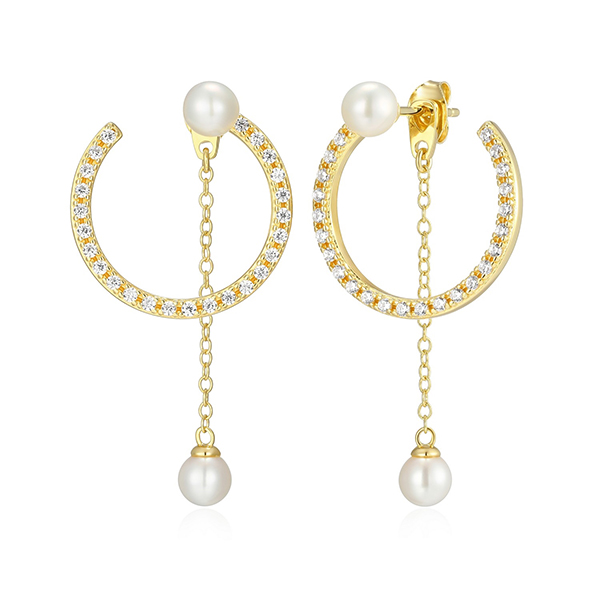 Elle Sterling Silver White Pearl and Diamondlite Cubic Zirconia Front and Back Chain Drop Earrings - Gold