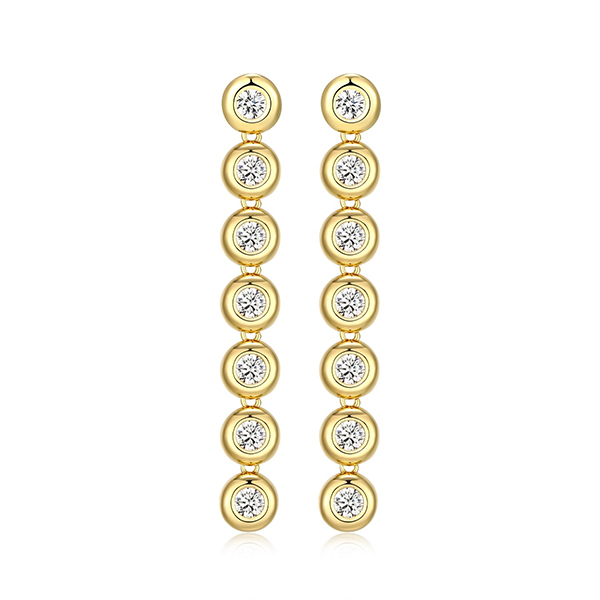 Elle Sterling Silver Puffy Bezel 3mm Round Diamondlite Cubic Zirconia Long Drop Earrings - Gold