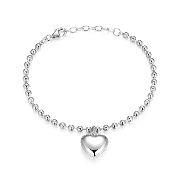 Elle Sterling Silver Puffy Heart Charm 3mm Bead Bracelet Size 6.5  - SIlver