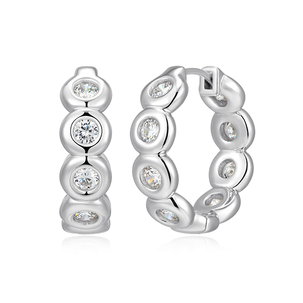Elle Sterling Silver Puffy Bezel 3mm Round Diamondlite Cubic Zirconia 20mm Hoop Earrings - Silver